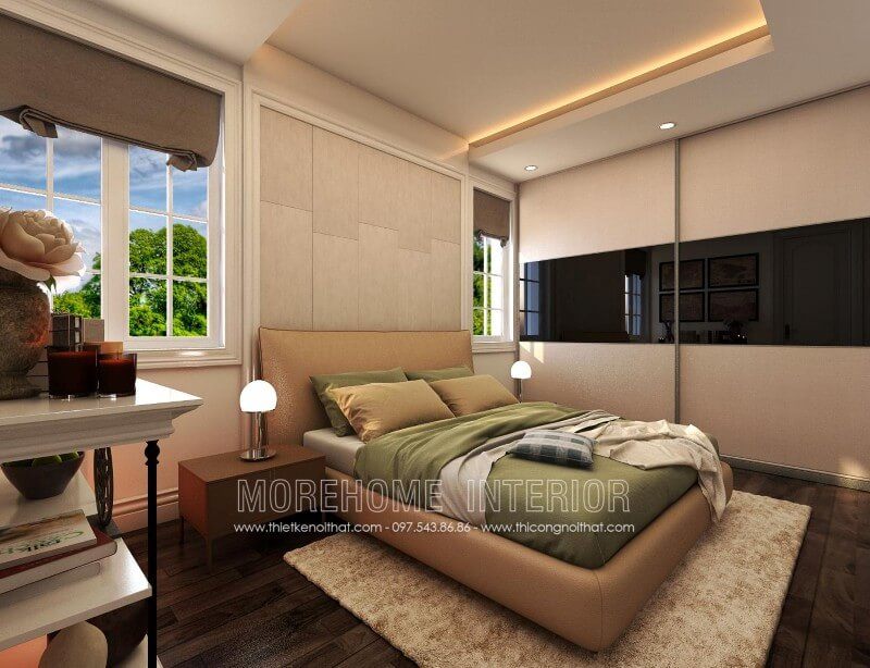 trên.
Giường ngủ biệt thự có kiểu dáng hiện đại, màu nâu trầm tạo nên cảm giác ấm áp và thoải mái cho người nằm trên.
